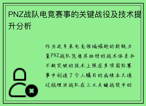 PNZ战队电竞赛事的关键战役及技术提升分析