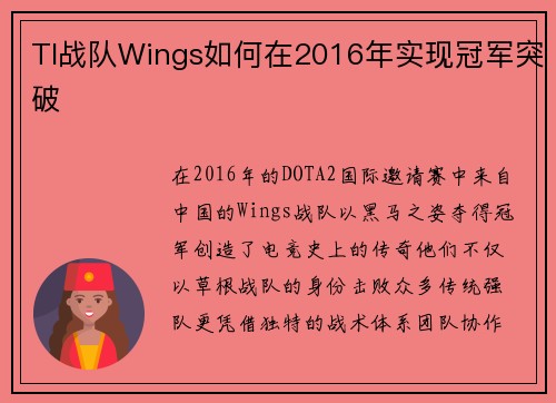 TI战队Wings如何在2016年实现冠军突破
